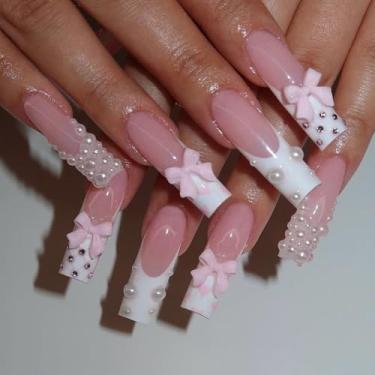 Imagem de Unhas postiças compridas quadradas com laço de coração, pingentes de pérola, design branco de ponta francesa, cola brilhante nas unhas, unhas de acrílico fofas, com glitter, 24 peças
