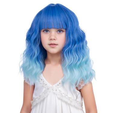 Imagem de Edivd Peruca azul ombré para crianças, curta, azul claro, com franja de ar, perucas onduladas e encaracoladas, perucas sintéticas resistentes ao calor com touca