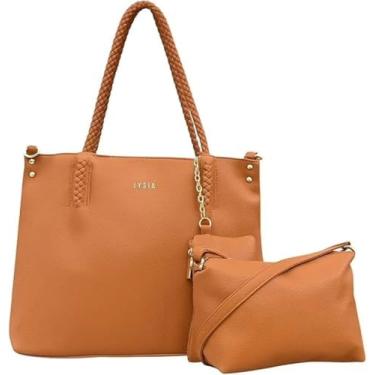 Imagem de Bolsa Feminina Kit 3 Peças, Couro Sintético, Bolsa Grande Tote 43x30x11cm, Bolsa Média 28x17cm, Necessaire 18x10cm, Alça Trançada, Cores Preta, Branca, Caramelo, Caqui ou Marrom