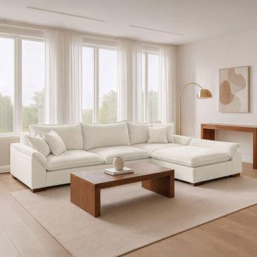 Imagem de Sofá Modulado com Chaise e Almofadas Soltas M201 Base em Madeira Maciça Branco