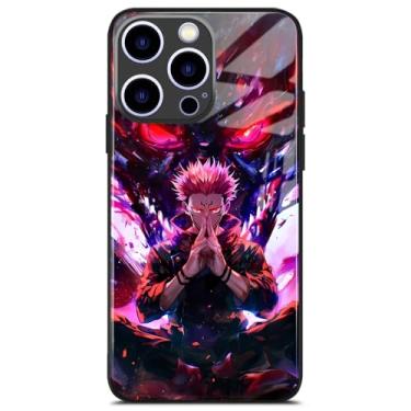 Imagem de Akatxezy Yuji Sukuna JJK Capa de telefone de vidro anime - Capa de silicone elegante, capa brilhante com estampa de design de mangá para iPhone 15