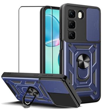 Imagem de CNPUTAO Capa para Infinix Hot 60 Pro+ 4G com protetor de tela de vidro temperado, janela deslizante para câmera, suporte, capa de telefone de camada dupla antiarranhões à prova de choque, azul