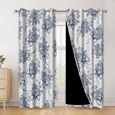 Imagem de AWERT Cortinas blackout com estampa floral, flores azuis, laço romântico, vintage, cortinas de janela, isolamento térmico, escurecimento para quarto, sala de estar, conjunto de 2 painéis, cada tamanho
