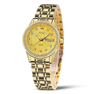 Imagem de OLEVS Relógio Feminino Dourado De Aço Inoxidável - À Prova D'Água Para Mulheres Com Mostrador Diamante E Data, Analógico Clássico Delicado Quartzo Pulsos Femininos