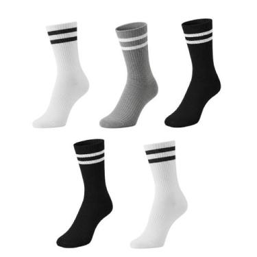 Imagem de Kit 5 Meias Listradas Cano Médio Algodão Academia Cross Skate Caminhad