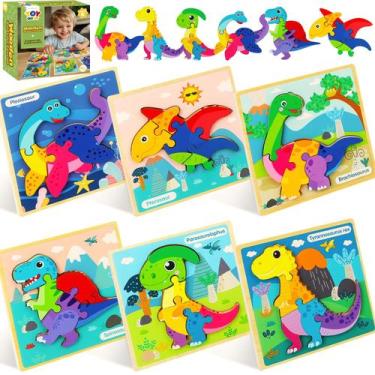 Imagem de Puzzles de madeira TOY Life Dinosaur, pacote com 6 para crianças de 1 