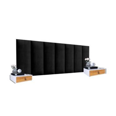 Imagem de Kit 2 Mesas Criado Suspenso + Cabeceira 8 Placas Módulo 45x20 Cor Preto Tecido Suede (Pérola/Nature - Preto)