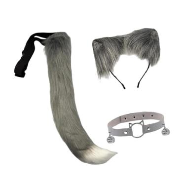 Imagem de Colaxi Conjunto de 3 peças de orelhas e cauda de gato, acessórios para fantasias de cosplay para baile de máscaras de Halloween, Cinzento/Branco