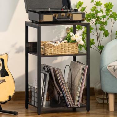 Imagem de Mesa de canto de 3 níveis, suporte para toca-discos com armazenamento de até 100 álbuns, suporte para toca-discos de vinil, prateleira marrom para sala de estar e quarto (cinza escuro)