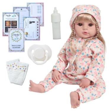 Imagem de Bebê Reborn Boneca Loira Olhos Castanhos Pijama Florido - Cegonha Rebo