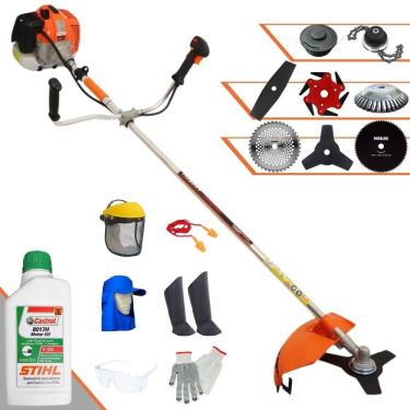 Imagem de Roçadeira Vulcan VR620H À Gasolina 62cc 3HP + Facas 2 Pontas; 40 Dentes; 80 Dentes; 6 Pontas; Trimmer + Escova 38 Cerdas  + Óleo Sthil + KIT EPI