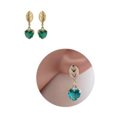Imagem de Brinco Pingente Coração Cristal Folheado Ouro 18K - MIXFOLHEADOS, Verd