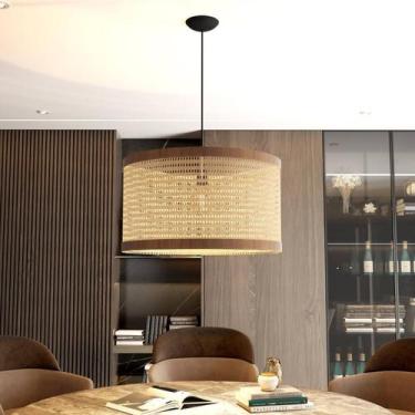 Imagem de Luminária De Teto Pendente Madeira E Tela Rústica Japandi Rattan Raven