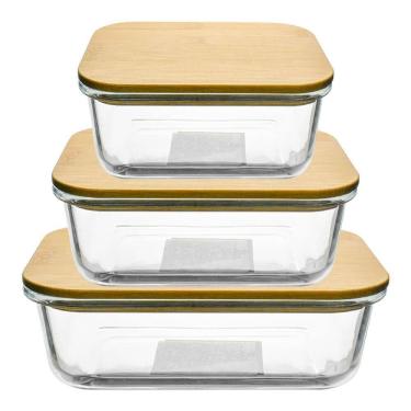 Imagem de Jogo Potes Herméticos Vidro Tampa Bambu 3 Peças Vista Home