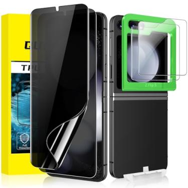Imagem de [2 conjuntos de 4 peças] Protetor de tela de privacidade QUESPLE para Samsung Galaxy Z Flip 5, pacote com 2 películas internas flexíveis de TPU + 2 pacotes de películas de vidro temperado com