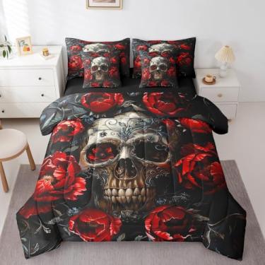 Imagem de Erosebridal Jogo de cama king com caveira gótica, 7 peças, caveira de Halloween, arte a óleo, conjunto de cama de flores inclui edredom, conjunto de lençóis, fronhas e fronhas para todas as estações