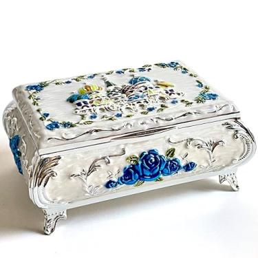 Imagem de KiteStar Baú de joias vintage retangular, caixa de joias de metal colorido em relevo de castelo, pulseira, colar, brincos, anel de armazenamento para mulheres (azul, pequeno)
