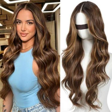 Imagem de Peruca frontal de renda sintética ENCOUNTERU Body Wave 26" marrom/loir
