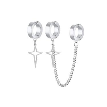 Imagem de Brincos de argola unissex gótico, prata de aço inoxidável, não perfurados, assimétrico, cruz, brincos de argola com clipe e corrente de cartilagem, sem piercing, joia presente para adolescentes