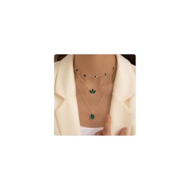 Imagem de YAZILIND Colar dourado em camadas para mulheres, gargantilha delicada com pingente verde esmeralda, joia de 3 camadas para aniversário, casamento, festa
