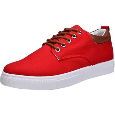 Imagem de Tênis masculino de lona com cadarço e cano baixo Plimsolls respirável casual moderno sapato social sola de borracha corrida, Vermelho, 10.5