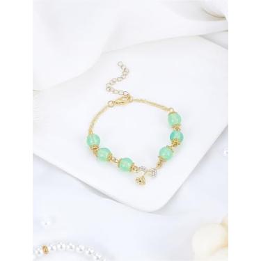 Imagem de 1 pulseira de liga de 18 cm com elos de rosa de vidro verde pálido, contas redondas ajustáveis, joias modernas, presentes para o dia dos namorados, acessórios femininos para mãe, namorada, esposa