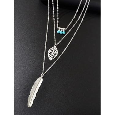 Imagem de Colar com pingente de folha turquesa multicamadas estilo boho retrô, estilo boêmio, redondo, corrente de clavícula, moda clássica, joia de verão, presente para mulheres