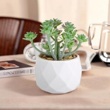Imagem de Plantas suculentas artificiais falsas para mesa, suculentas falsas realistas em vasos de plástico, mini decoração de suculentas coloridas para quarto, banheiro, escritório, prateleira (verde C)