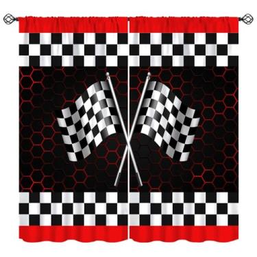 Imagem de Cortinas temáticas de carro de corrida, preto e branco, bandeira quadriculada, estampa geométrica, favo de mel, cortinas de janela para crianças, meninos, meninas, adolescentes, sala de jogos 106,6 cm