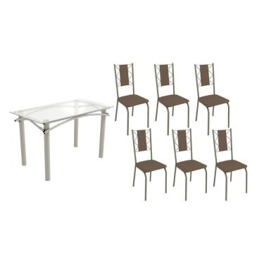 Imagem de Conjunto: Mesa Sala Jantar Elba C- Tampo De Vidro 120cm E 6 Cadeiras Lisboa Niquel - Courano Marrom - Kappesberg
