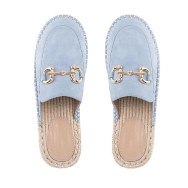 Imagem de RUSAUISE Mule Sapatos rasos mocassins redondos fechados sandálias rasteiras confortáveis respiráveis casuais sapatos sociais para caminhada no escritório, Azul claro/camurça, 35