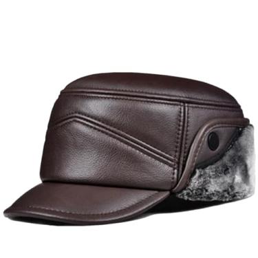 Imagem de Chapéus bomber masculinos espessos de inverno à prova de vento quente chapéu de couro genuíno boné de pele sintética, Café, 60 61 CM