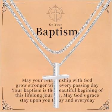 Imagem de Colar de cruz em camadas para homens, colar masculino com cruz de prata, presente masculino com pingente de cruz de aço inoxidável, corrente de cruz masculina gravada com versículos bíblicos