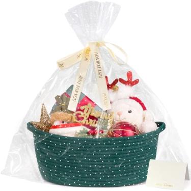 Imagem de CHICVITA Cesta de presente vazia, pequena e fofa para o Natal, cestas de tecido para armazenamento, armazenamento de brinquedos para cães, decoração de casa com sacos de presente e fita, 30,5 x 20,3 x