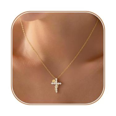 Imagem de LUNADORN Colar de cruz para mulheres, moderno, grosso, banhado a ouro 14 K, colar com pingente de cruz pequena, simples, fofo, gargantilha, colares, não mancha, Páscoa, religiosa, religiosa, joia