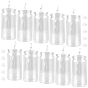 Imagem de SEUNMUK Pacote com 10 copos de globo de neve de 473 ml, copo de parede dupla pré-perfurado com tampa de plástico e canudos, copos transparentes para globo de neve com glitter DIY