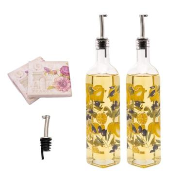 Imagem de Topadorn Conjunto de garrafas dispensadoras de azeite de oliva de 500 ml para cozinha, 2 garrafas dispensadoras de óleo de vidro com despejadores de aço inoxidável, limão