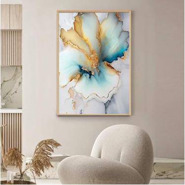 Imagem de Kit quadro decorativo 70x90 cm Abstrato Mármore Moderno Azul Dourado Vertical para Sala Quarto