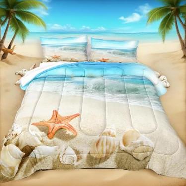 Imagem de Bedbay Conjunto de edredom Ocean Beach estrela-do-mar, conjunto de roupa de cama azul oceano litoral estrela-do-mar concha com tema natural edredom tamanho solteiro 1 edredom 1 fronha (concha, solteiro)