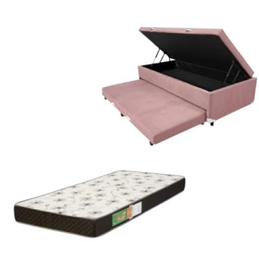 Imagem de Cama Box Baú Solteiro com Auxiliar (Bicama) + Colchão Solteiro Espuma D20 12cm | Kit Completo com Cabeceira Botonê Opcional | Diversas Cores (2, SUEDE ROSA, SEM CABECEIRA)
