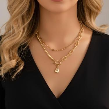 Imagem de Colar feminino em camadas, 4 peças, colar de ouro grosso, corrente de clipe de papel, pérola, espinha de peixe, gargantilha, 17.7IN, Metal, Sem Pedra Preciosa