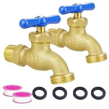 Imagem de TMOK Torneira de mangueira externa - 1/2 "MIP entrada x 3/10.2 cm MHT saída válvula de jardim de latão resistente, fácil instalação, controle de água de várias voltas, inclui fita de teflon e arruelas