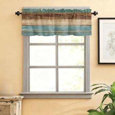 Imagem de Cortinas de sanefas de fazenda para janelas de cozinha, topos de cortina retrô com bolso de haste verde-petróleo marrom cortinas curtas tratamentos para quarto/sala de estar/banheiro, 137 x 43 cm - 1