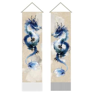 Imagem de AHANDMAKER 2 peças de tapeçaria de dragão chinês, tinta e aquarela dragão longo vertical, tapeçaria de parede com borla, decorações estéticas místicas para quarto e sala de estar (45,7 x 13 polegadas)
