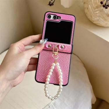 Imagem de Capa para Galaxy Z Flip5, capa de couro perolado de luxo com dobradiça e corrente de pérola, capas rígidas fofas (para Galaxy Z Flip5/06)