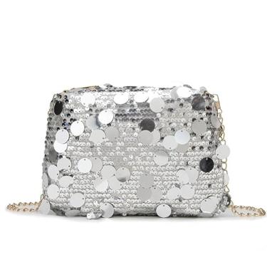 Imagem de Bolsa de mão feminina grande de lantejoulas para noite bolsa transversal com corrente de elos bolsa clutch glitter brilhante bolsa de formatura presente de festa de formatura, Prata