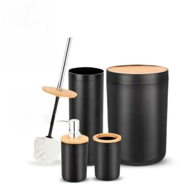 Imagem de Kit De Banheiro Em Bambu Com Tampa De Lixo Detalhes(KIT 6 PEÇAS PRETO)