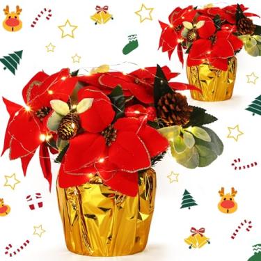 Imagem de Zeyune 2 conjuntos de poinsétias, flores artificiais de Natal, buquê de flores artificiais falsas com luzes de LED, mesa de Natal, centro de mesa para decoração de vaso de guirlanda, decoração de