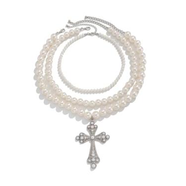 Imagem de Colar de cruz grossa de prata dourada com contas de pérolas exageradas, corrente gargantilha grande com pingente de cruz de zircônia cúbica grande joia de cruz de cristal para mulheres, one size