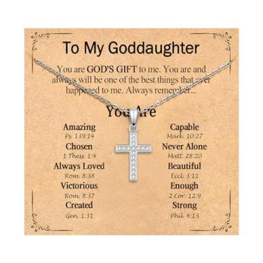 Imagem de PODLEV Presentes para afilhadas, 40,6 cm + 5 cm banhado a prata, minúsculo, zircônia cúbica, pingente de cruz para mulheres, meninas, joias cristãs, confirmação, batismo, Páscoa, Natal, presentes de